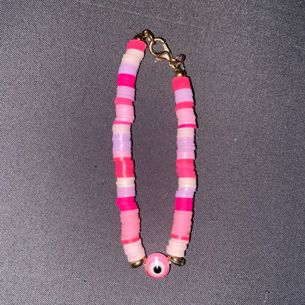 Pink Beaded Bracelet with Evil Eye Charm